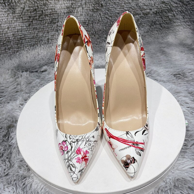 Veowalk Flowers Print Women Patent Leather Pointed Toe Stiletto Pumps 8cm 10cm 12cm High Heel Party Shoes US Size 10 11 12