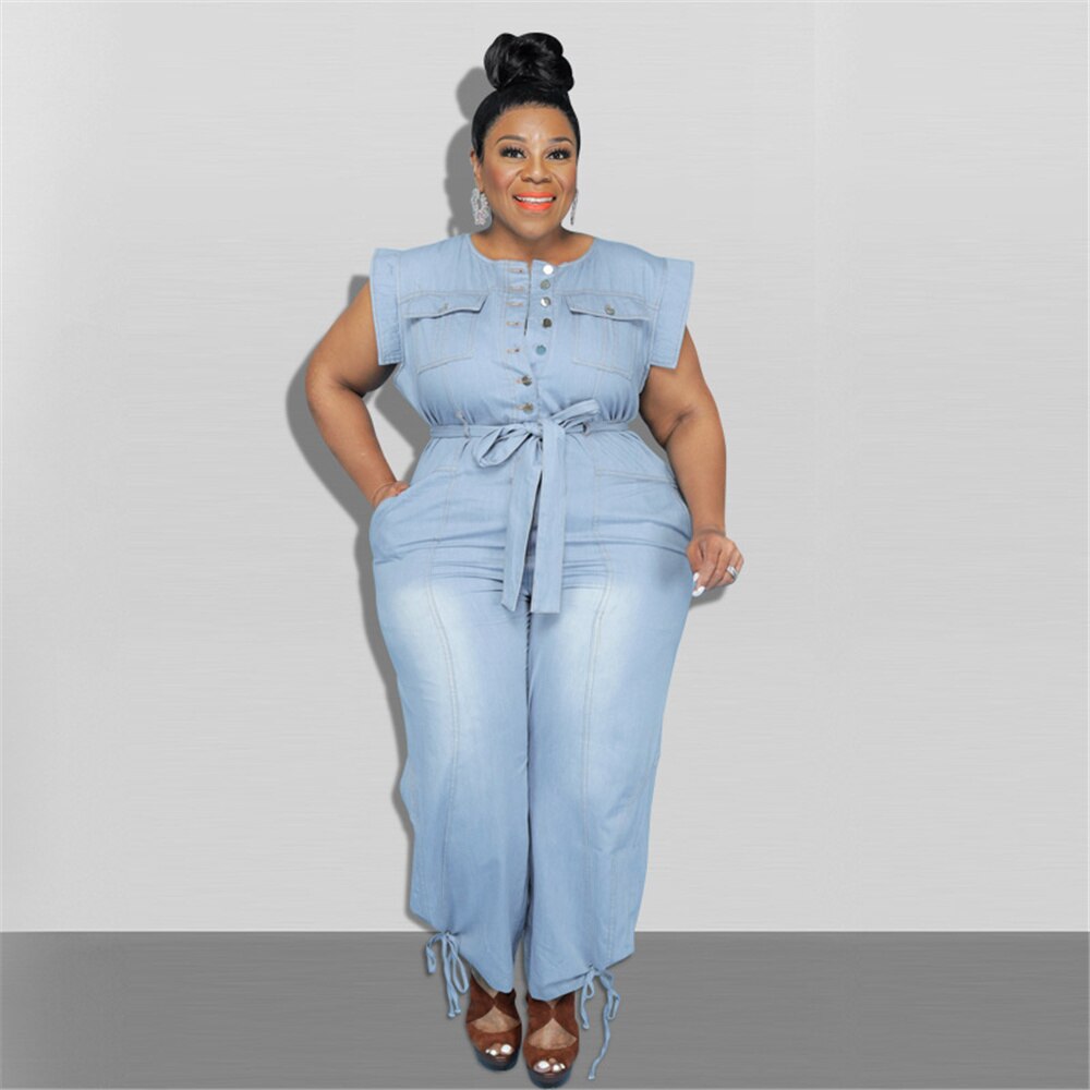 Jumpsuit Plus Size Women Clothing Denim Round Neck Lace Up Sleeveless Trousers Pocket Stretch Bodysuit Wholesale Dropshipping