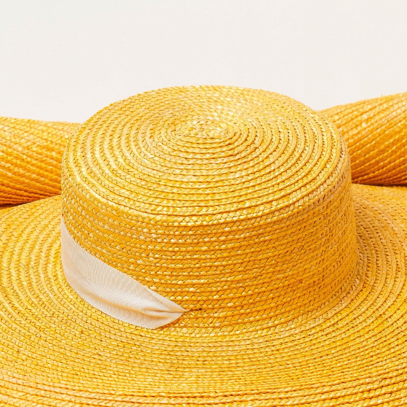Custom 100cm Wide Brim Oversized Beach Hat For Women Yellow Natural Straw Hat UV Protection Foldable Designer Luxury Catwalk Hat