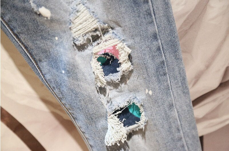 High Quality Brand Hole Patch Slim Skinny Jean Vaqueros Hombre Jean For Men Light Blue Washed Stickers Hip Hop Pant Men Jean