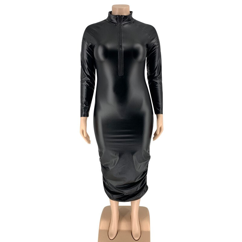 Plus Size Dresses for Women Zip Up Stretchy Long Sleeve Midi Dress Casual Black Punk Pu Leather Dress Wholesale Dropshipping