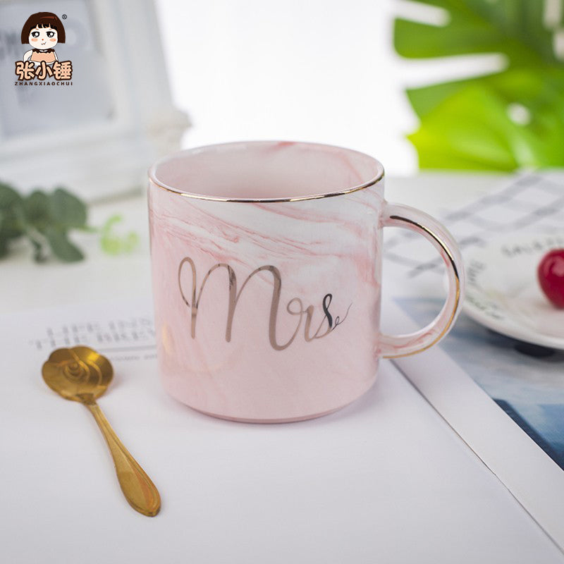 Large Capacity Mug Ceramic Cup Creative Marble Pattern Couple's Cups Romantic Birthday Gift Free Spoon