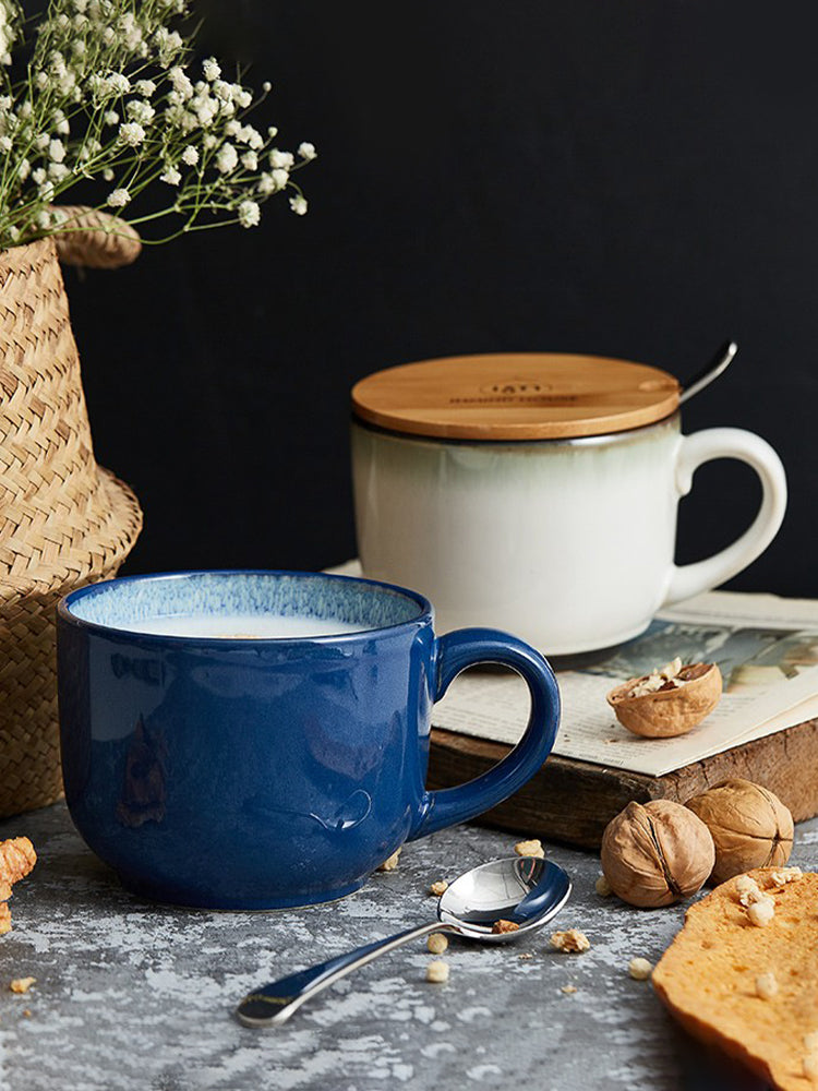 Big Belly Mug Milk Breakfast Cup Ceramic Water Cup Oatmeal Cup with Cover Spoon Microwaveable Household Girl