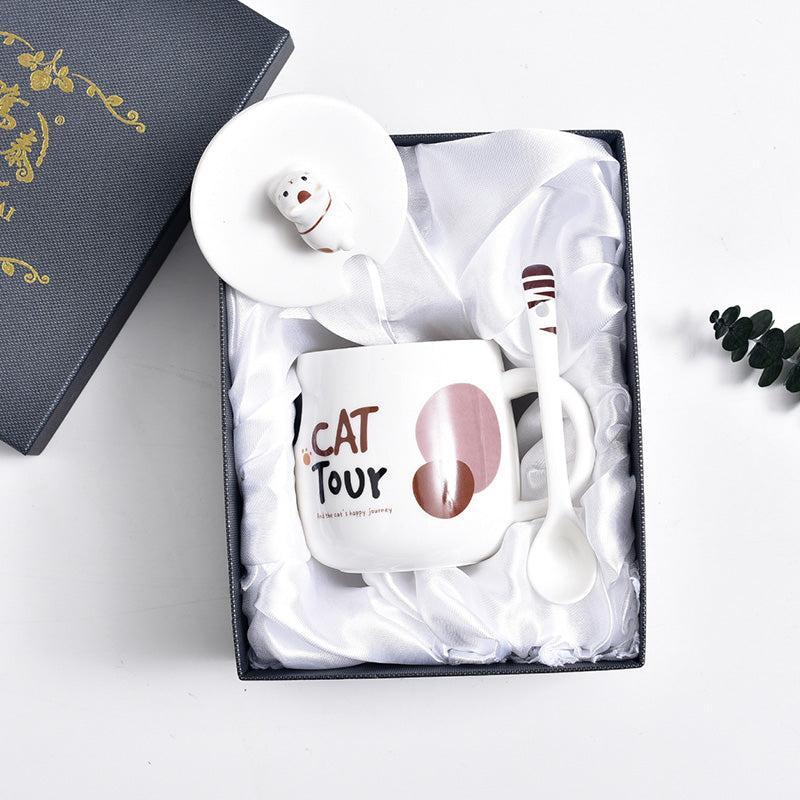 Cute Cat Mug Cartoon Porcelain Cup Couple Men and Women Water Cup Coffee Cup with Cover Spoon Breakfast Milk Cup