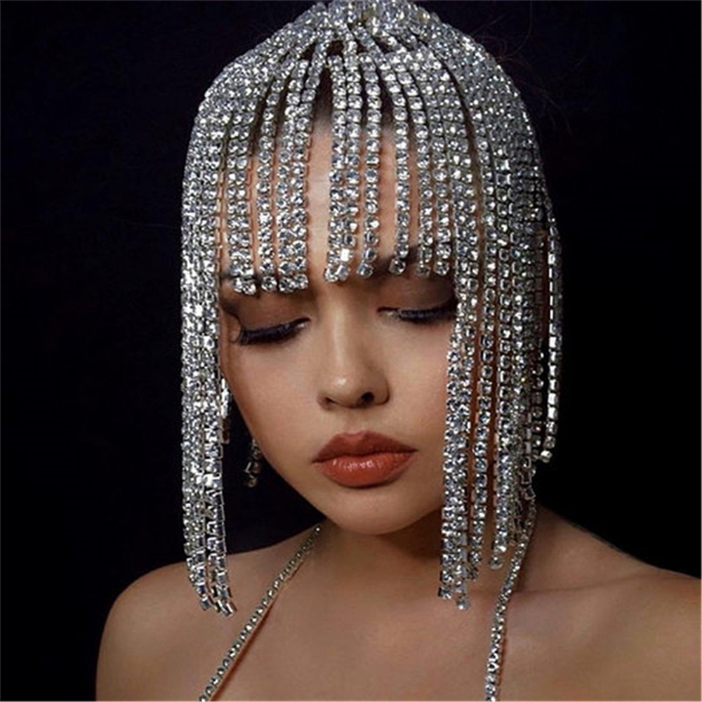 European and American Ornament Full Rhinestone Tassel Wig Chain Women's Forehead Lace Short Hair Shiny Rhinestone Hair Chain
