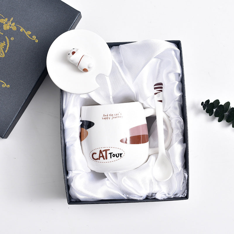 Cute Cat Mug Cartoon Porcelain Cup Couple Men and Women Water Cup Coffee Cup with Cover Spoon Breakfast Milk Cup