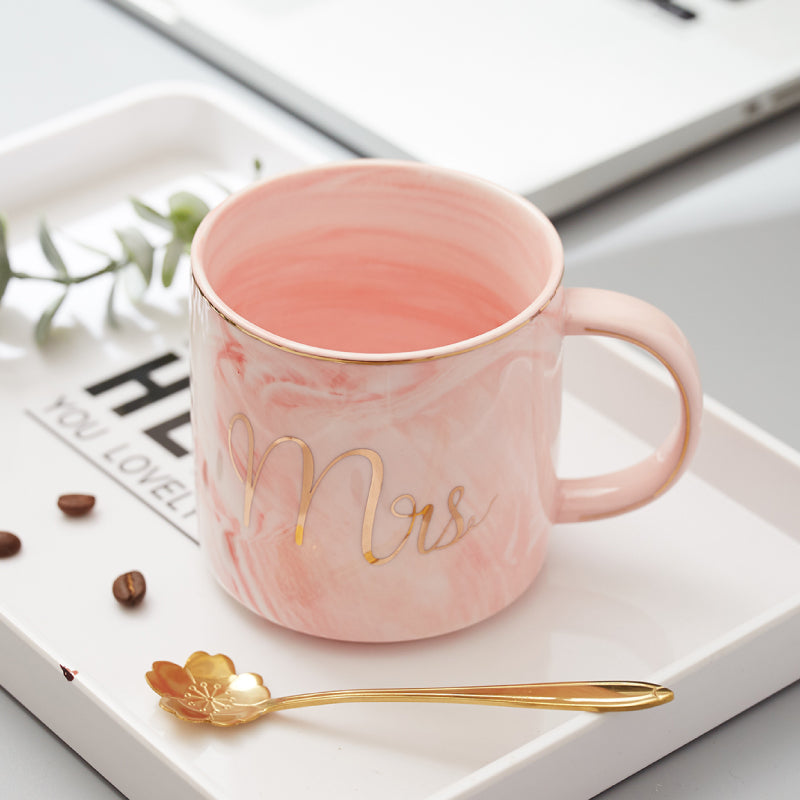 Large Capacity Mug Ceramic Cup Creative Marble Pattern Couple's Cups Romantic Birthday Gift Free Spoon
