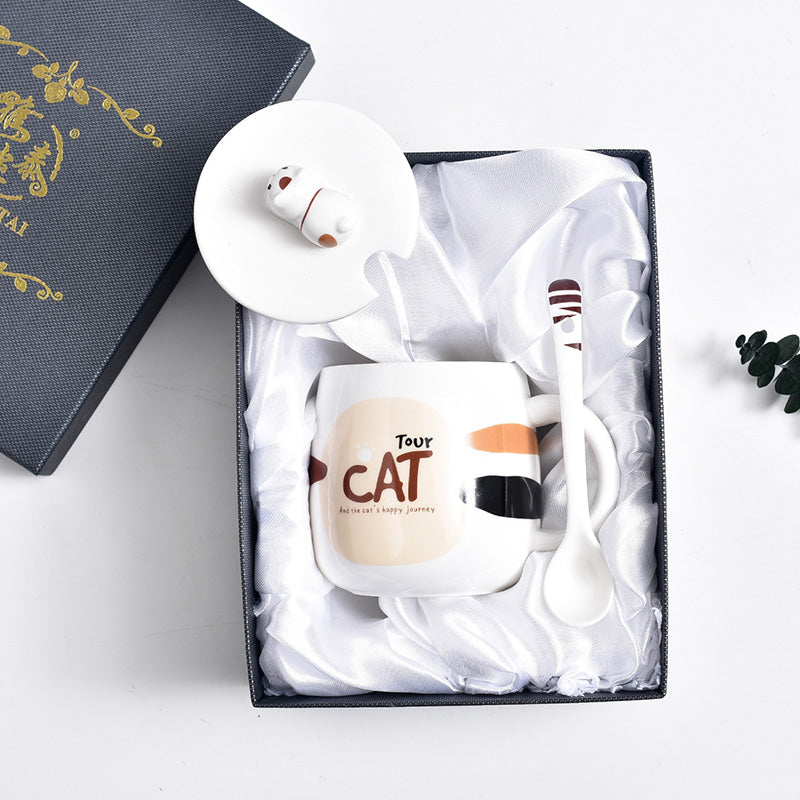 Cute Cat Mug Cartoon Porcelain Cup Couple Men and Women Water Cup Coffee Cup with Cover Spoon Breakfast Milk Cup
