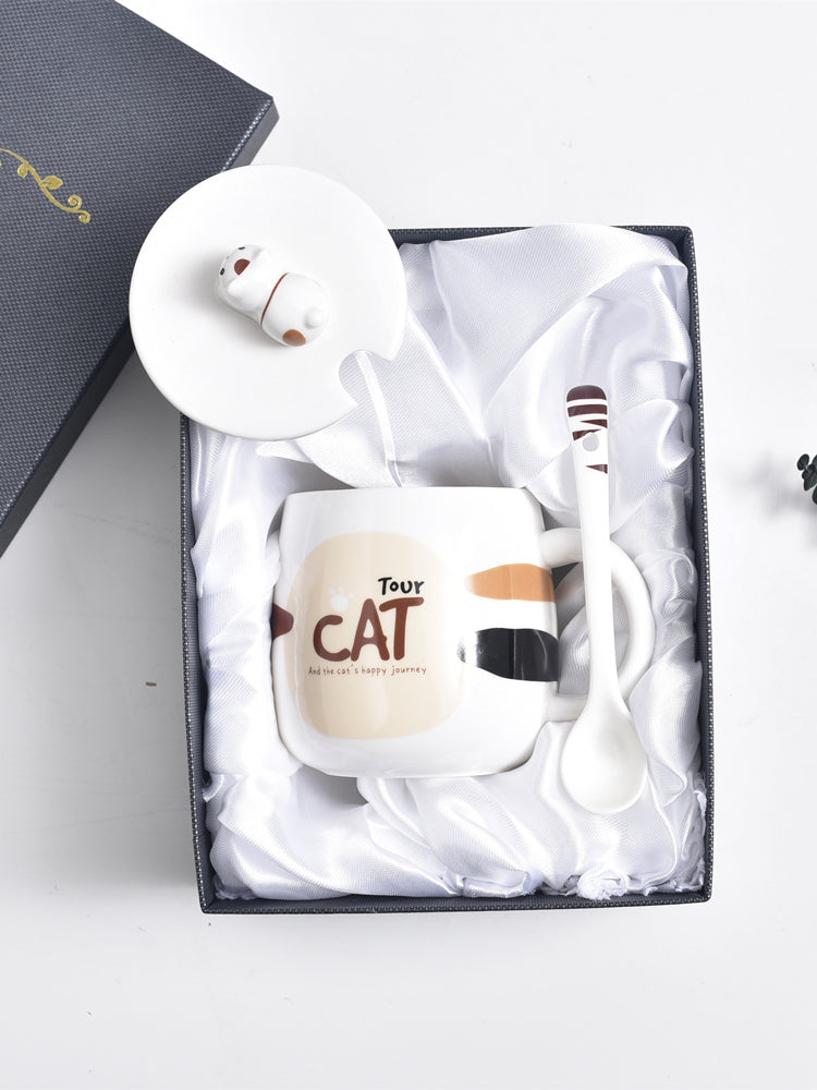 Cute Cat Mug Cartoon Porcelain Cup Couple Men and Women Water Cup Coffee Cup with Cover Spoon Breakfast Milk Cup