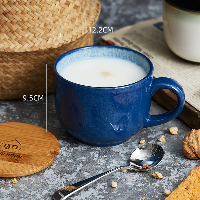 Big Belly Mug Milk Breakfast Cup Ceramic Water Cup Oatmeal Cup with Cover Spoon Microwaveable Household Girl
