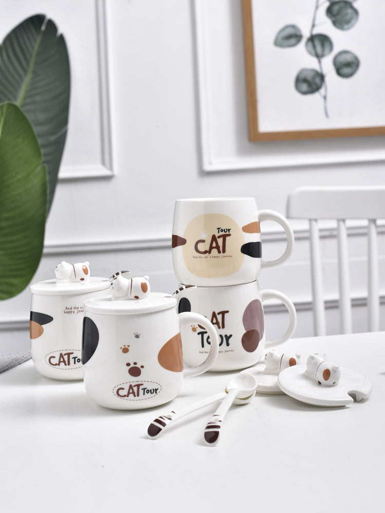 Cute Cat Mug Cartoon Porcelain Cup Couple Men and Women Water Cup Coffee Cup with Cover Spoon Breakfast Milk Cup