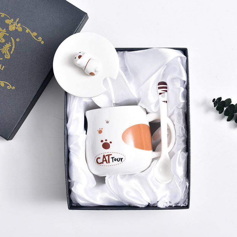 Cute Cat Mug Cartoon Porcelain Cup Couple Men and Women Water Cup Coffee Cup with Cover Spoon Breakfast Milk Cup