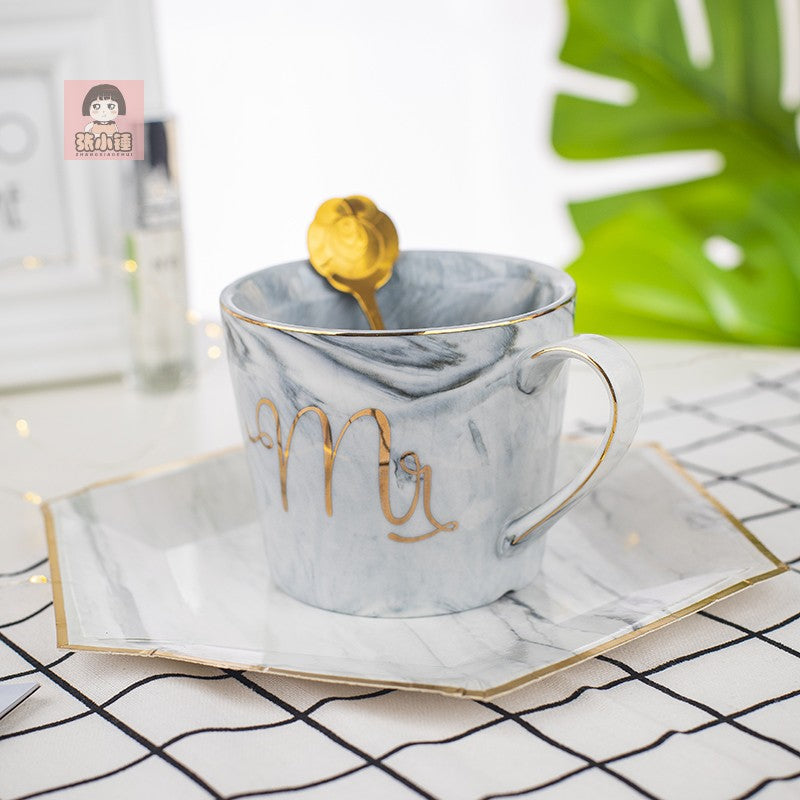 Large Capacity Mug Ceramic Cup Creative Marble Pattern Couple's Cups Romantic Birthday Gift Free Spoon