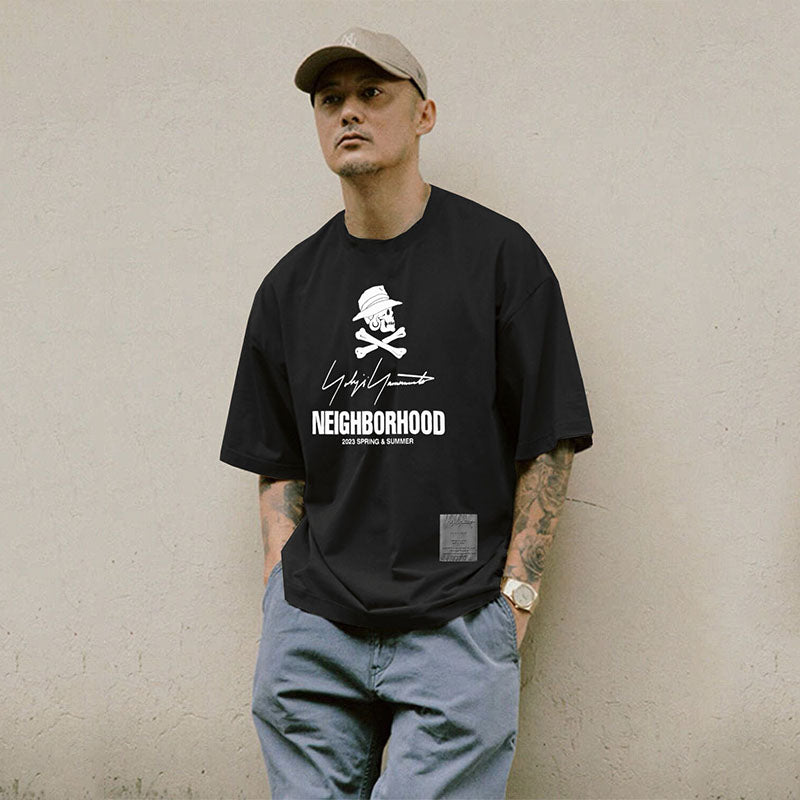 Yamamoto Yaosi Print Skull Short-Sleeved Men's Fashion Brand T-shirt round Neck Summer Pure Cotton Loose Trendy Half Sleeve Base Shirt