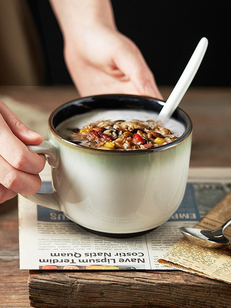 Big Belly Mug Milk Breakfast Cup Ceramic Water Cup Oatmeal Cup with Cover Spoon Microwaveable Household Girl