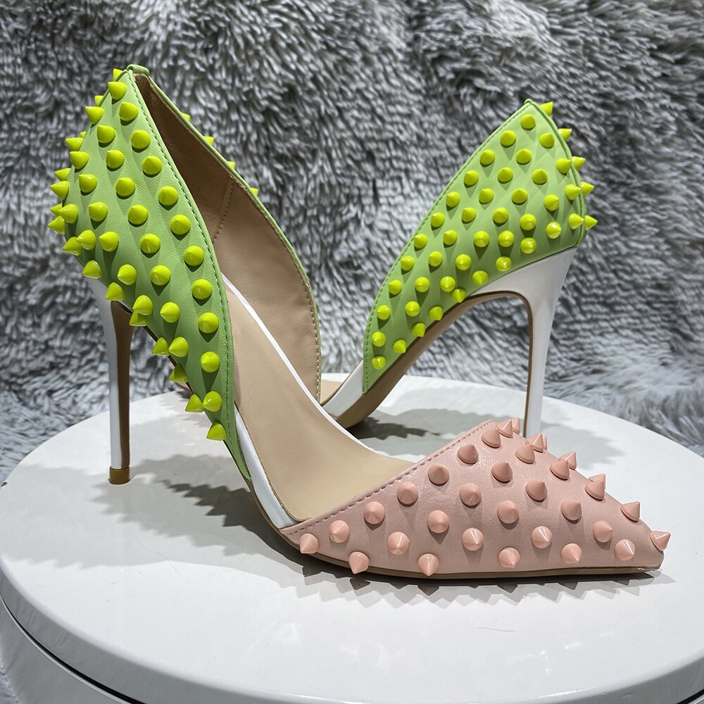 Heelgoo Green Pink Matte Patchwork Women Sexy Side Cut D'Orsay Pointy Toe High Heel Shoes with Spikes Sexy Studs Stiletto Pumps