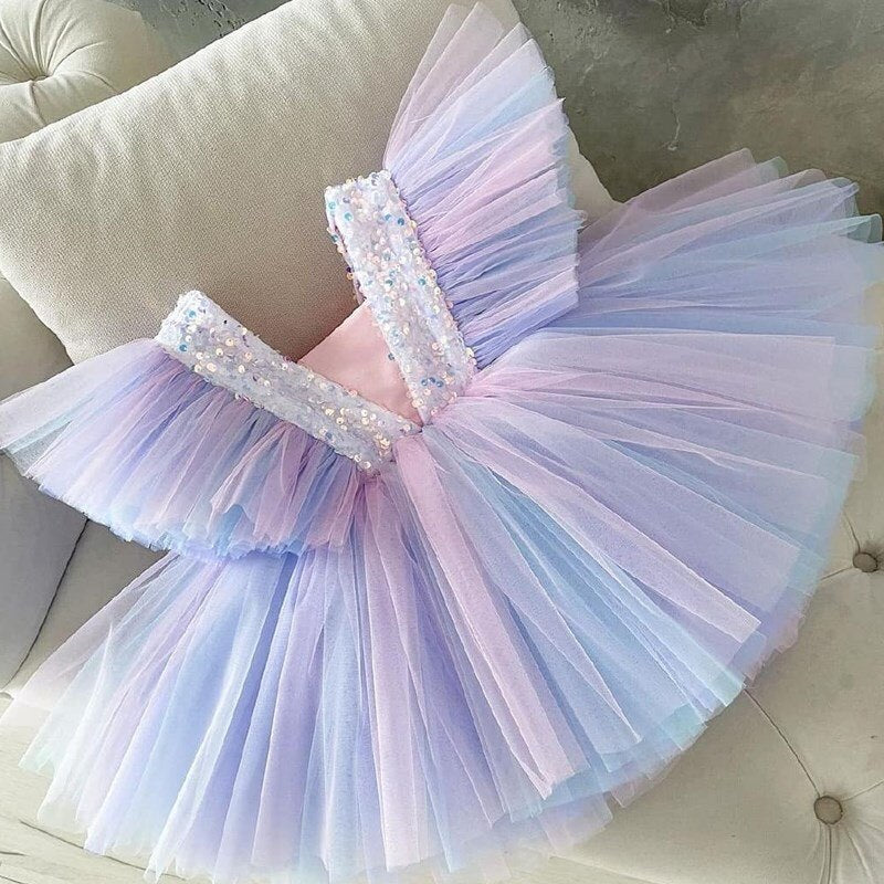 Girls Wedding Puff Sleeve Princess Costume 2023 Fashion Pink Elegant Ball Gown Dresses 3-8 Yrs Kids Vestido For Birthday Party
