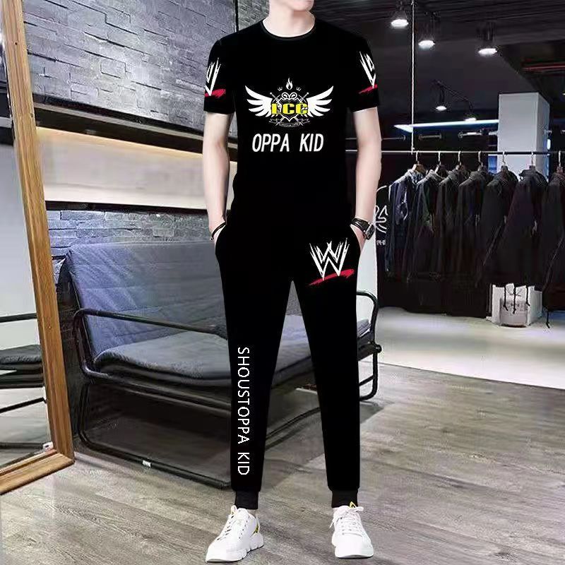 Summer new ice silk suit male summer youth fashion brand short sleeve T-shirt male loose pants casual sportswear male