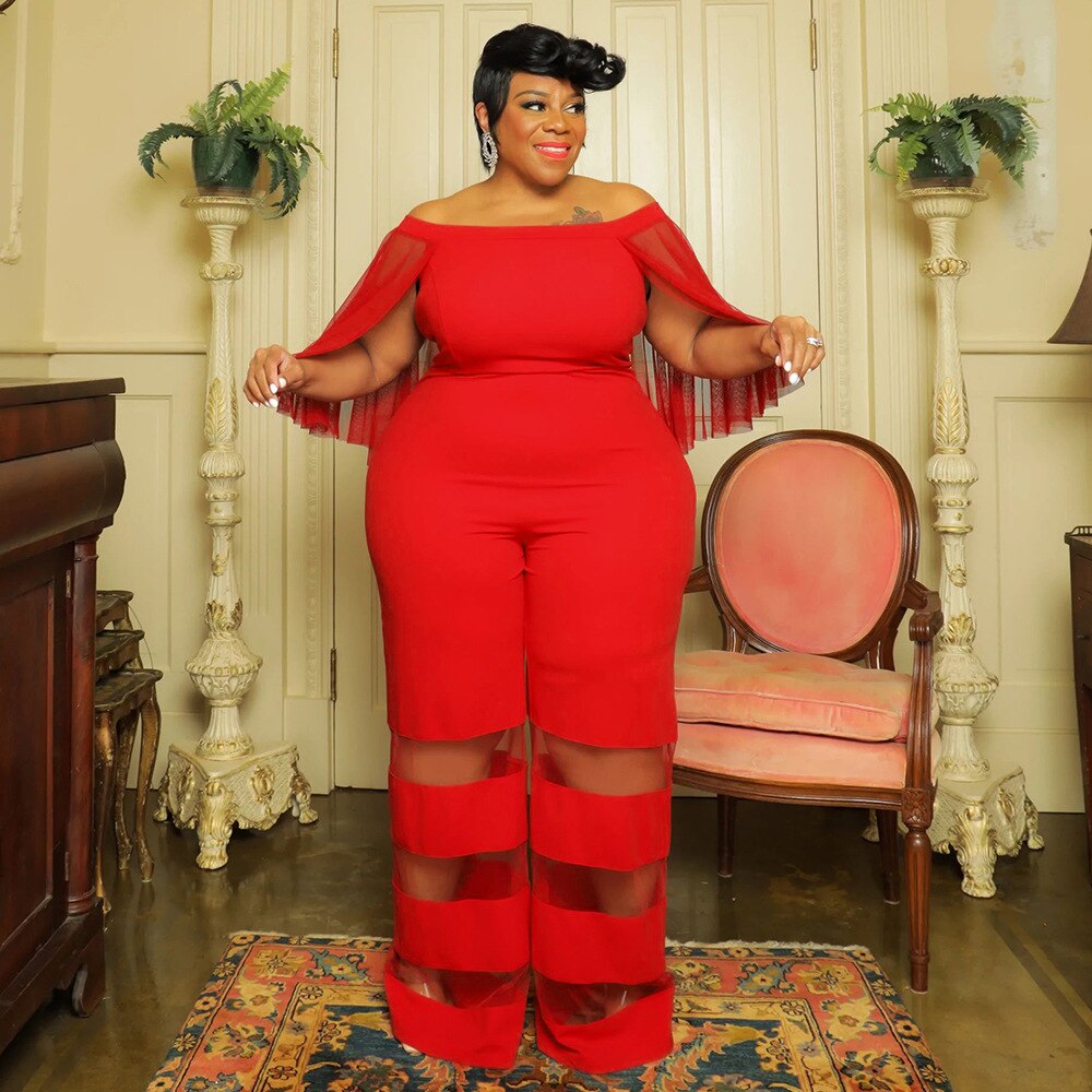 Plus Size Women Elegant Jumpsuit Mesh Patchwork One Piece Outfit Lady Designer Wide Leg Pant 2023 Spring Female Fashion Jumpsuit