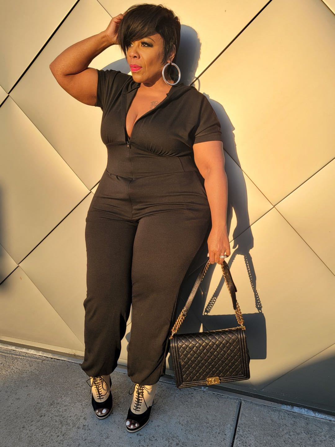 CM.YAYA Women Plus Size Jumpsuit Solid Hooded Zipper Strechy Jumpsuits with Pockets Casual One Piece Overall Summer Outfit