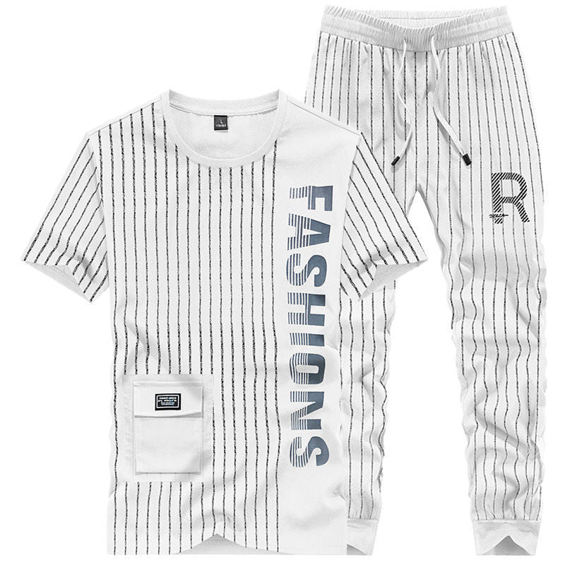 Summer new ice silk suit male summer youth fashion brand short sleeve T-shirt male loose pants casual sportswear male