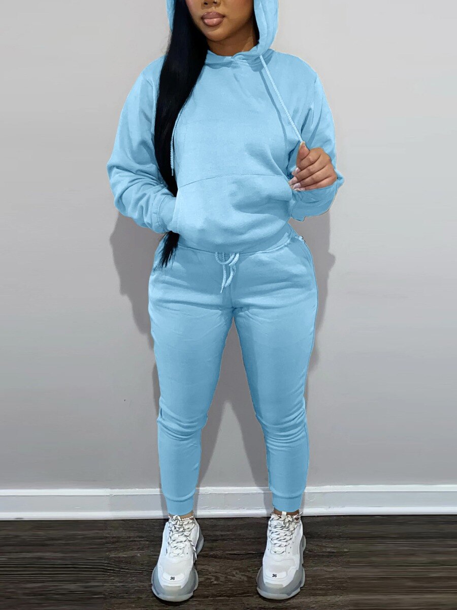 LW BASICS Hooded Collar Drawstring Tracksuit Set Two piece sets womens outifits Long Sleeve Lace-up Hooded Collar women sportswe