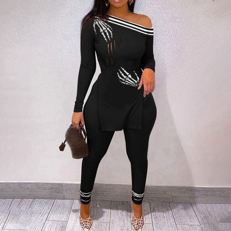 Autumn Fashion Print Two Piece Set Women Sexy Diagonal Neck Off Shoulder Split Tshirt Pencil Pants Two Piece Set Women