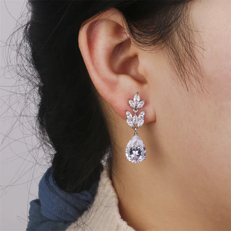 ZAKOL Hot Selling Romantic Water Drop Cubic Zircon Dangle Earrings for Women Fashion Leaf Bridal Wedding Jewelry EP012
