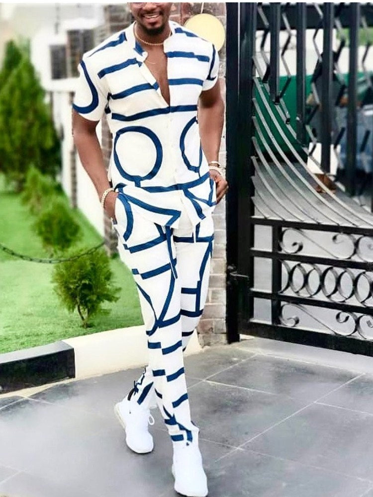 Spring Summer Men's Casual Two Piece Sets Short Sleeve Tops And Long Pants Suit 2022 Fashion Pattern Print Outfit Men Streetwear