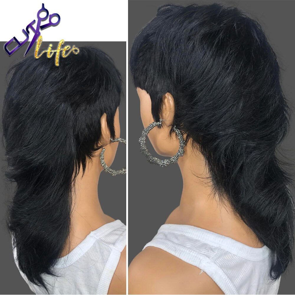 Short Pixie Cut Wigs Full Machine Made Wig With Bangs Dovetail Straight Brazilian Remy Human Hair Wigs For Women Model Length