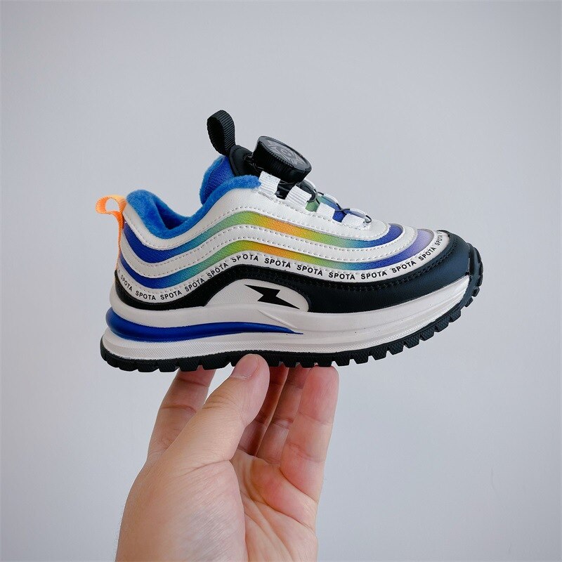 2022 Winter New Children's Shoes Boys' Knob Sports Cotton Shoes Korean Thickened Thermal Girl's Colorful Strips Sneakers