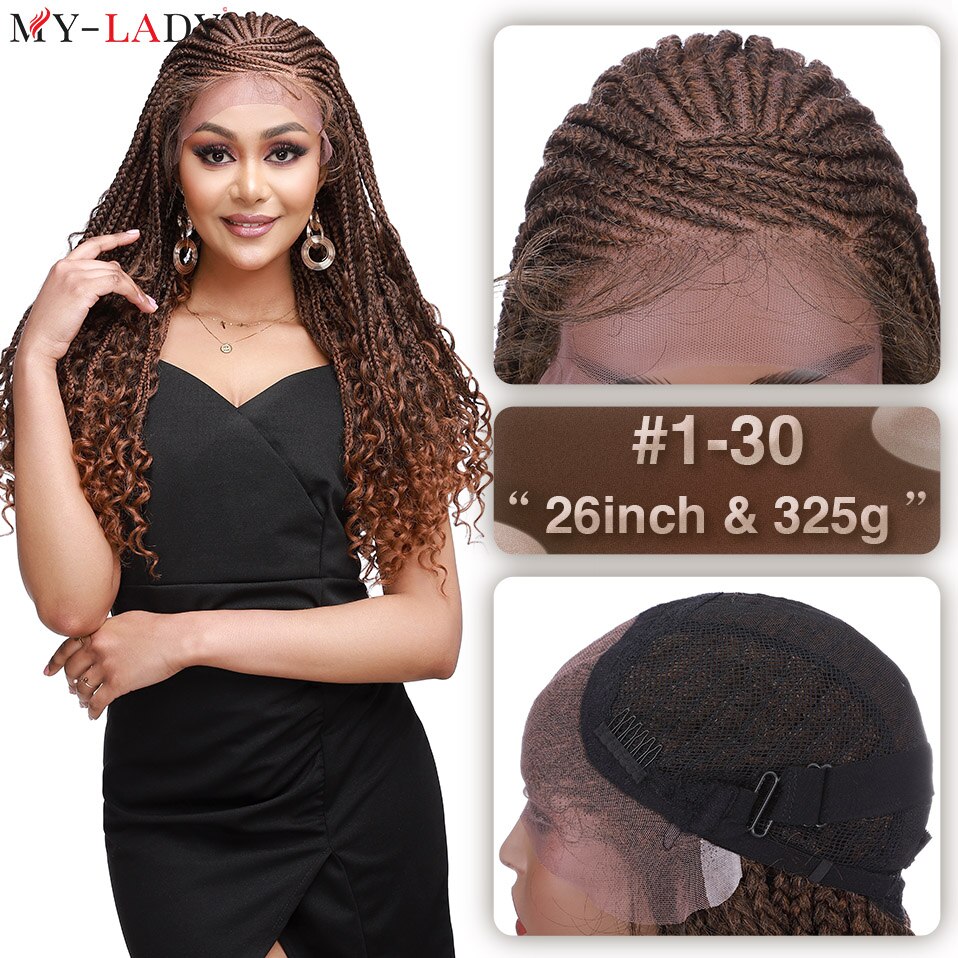 My-Lady Synthetic 26'' Cornrow Braids Lace Wigs Curly Ends Box Braided Lace Front Wig Baby Hair Frontal Afro Wig Black Women