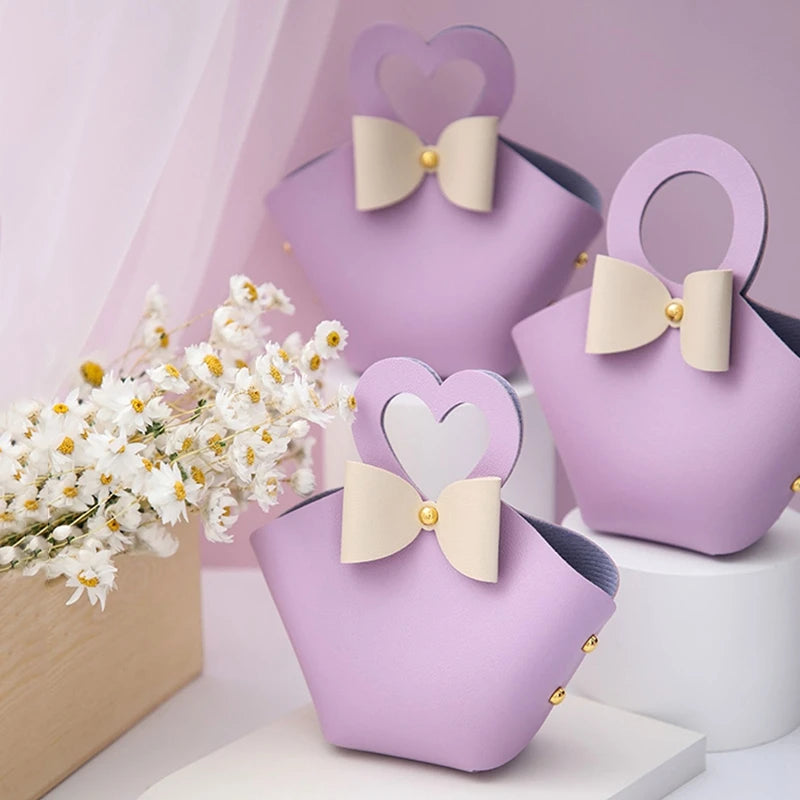 10/20PCS Leather Gift Bags Bow Ribbon Packaging Bag Wedding Favour Distributions Bags Christmas Candy Packaging Box Mini Handbag