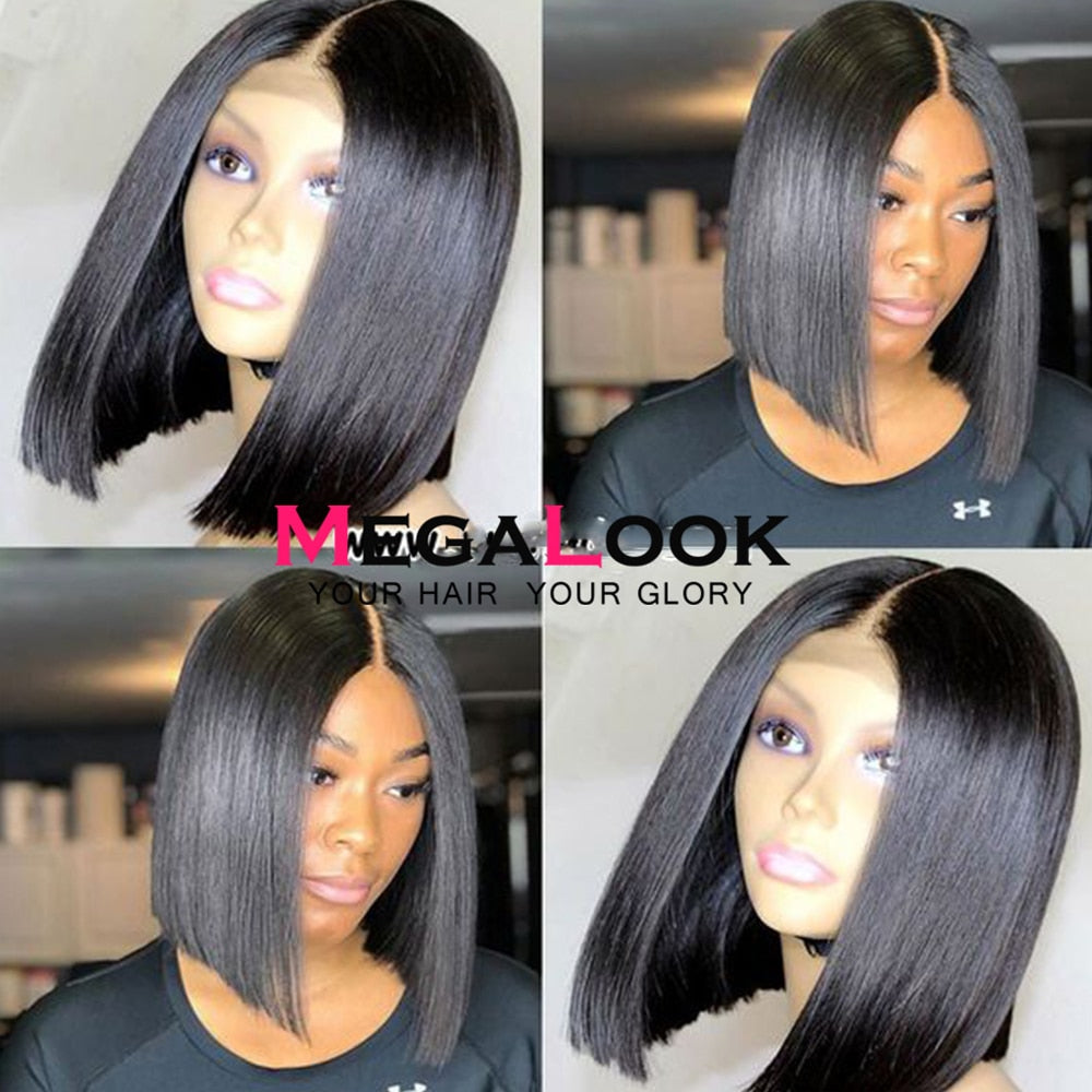 13x5x2 T Part Lace Front Wig Pre Pluckes MEGALOOK Human Hair Wigs For Women 4x4 Closure Wigs Short Straight Bob Wigs 180 Density
