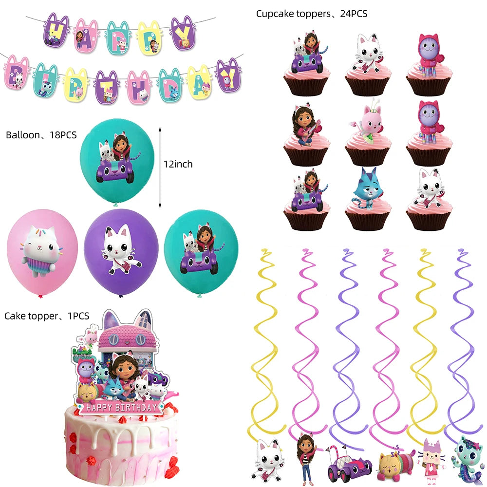 Pink Gabbys Dollhouse Cats Birthday Party Decoration Disposable Tablecloth Cup 3D Doll Balloon For Girls Baby Shower Supplies