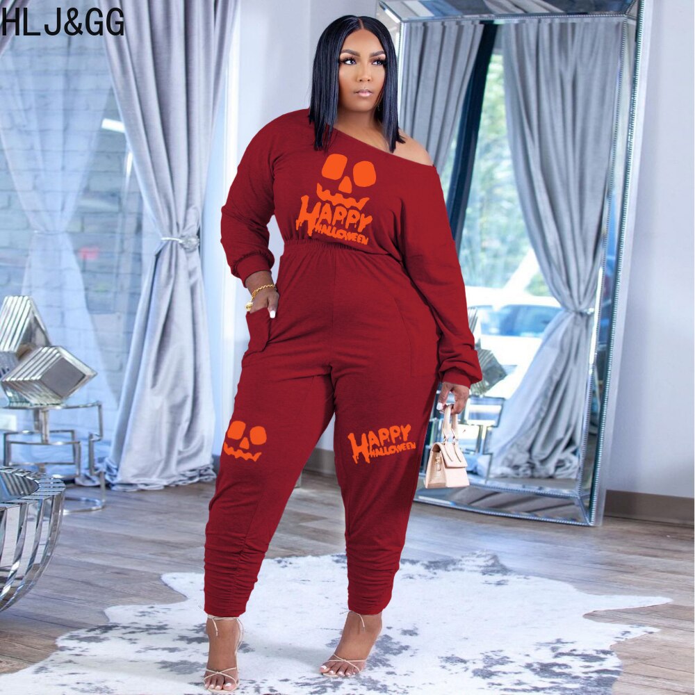HLJ&amp;GG Casual Women Letter Print Jumpsuits Fall Winter Off Shoulder with Pocket One Piece Playsuits Female Clothing Dropshipping