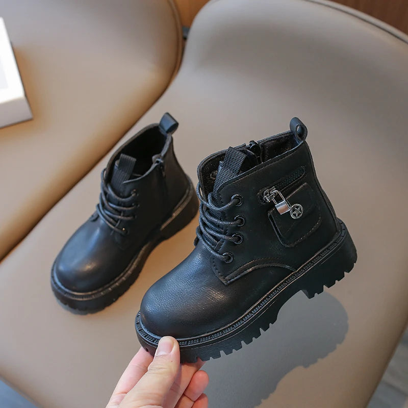 Handsome Lock Zipper Motorcycle Boots for Kids Girl Spring Autumn Brand Designer Pocket Children Shoes Boys Ankle Boots