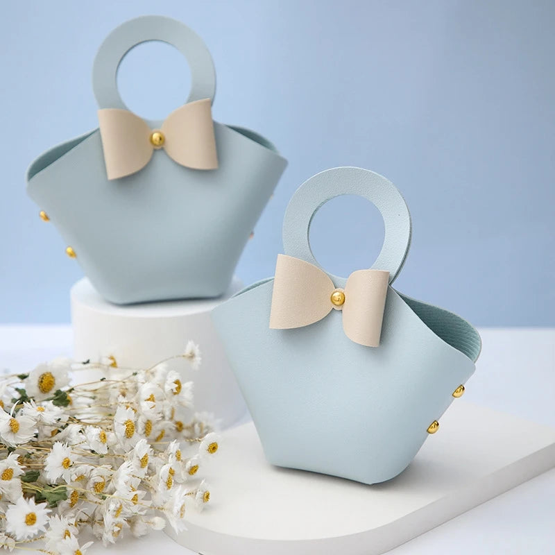 10/20PCS Leather Gift Bags Bow Ribbon Packaging Bag Wedding Favour Distributions Bags Christmas Candy Packaging Box Mini Handbag