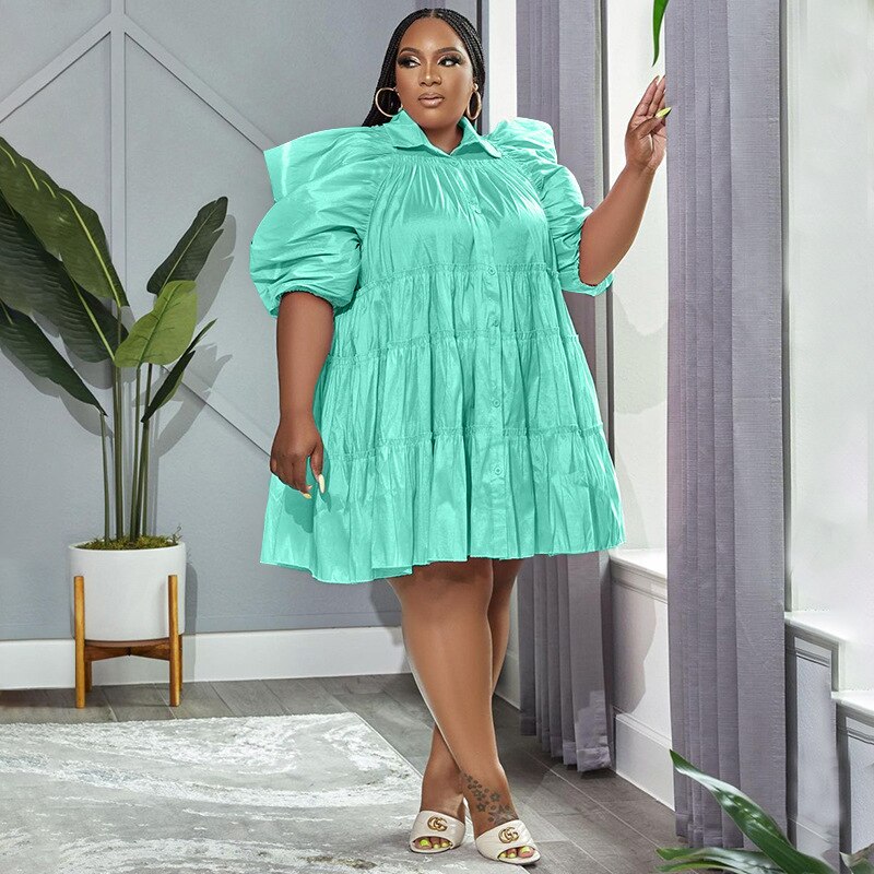 CM.YAYA Elegant Women Graffiti Cape Stye Big Swing Loose Smock Dress Plus Size Curve Chic Single Breasted Shirt Blouse Dresses