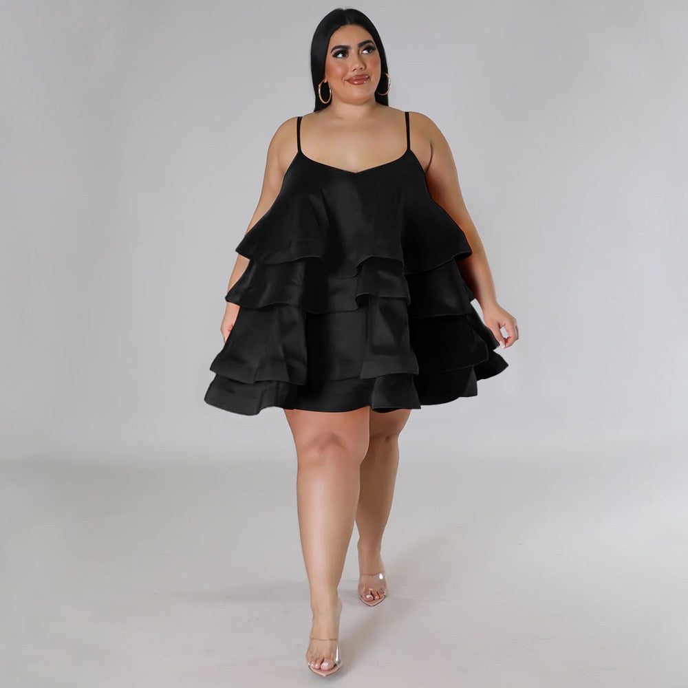 CM.YAYA Plus Size Vintage Women Cascanding Ruffles Big Swing Ball Gown Cake Babydoll Spaghetti Strap Sleeveless Dress Vestidos
