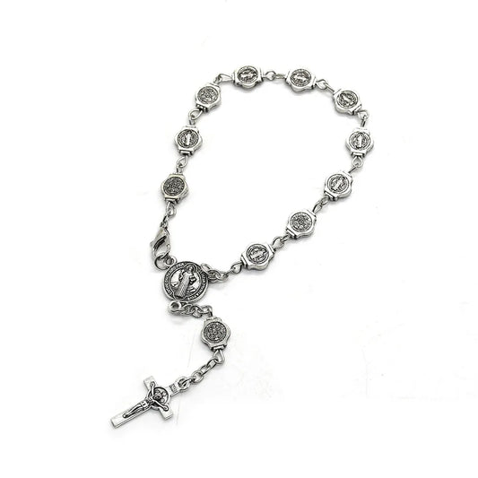 Vintage Silver Color St. Benedict Cross Pendant Rosary Bracelets Women Religious Catholic Christian Jewelry Accessory Gifts