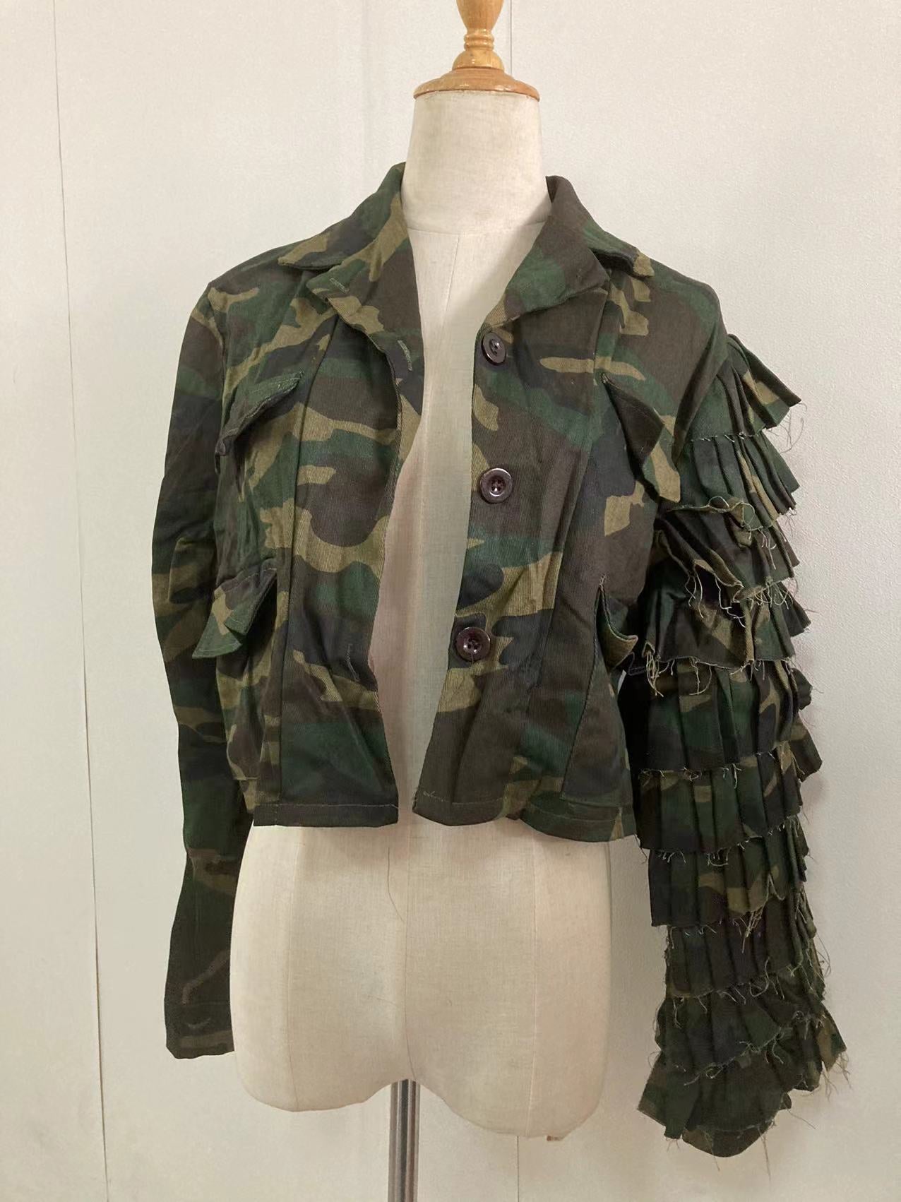 CM.YAYA Women Camouflage Cacading Ruffles Flare Sleeve Button Up Jacket Spring Winter Streetwear Military Jackets Outcoat