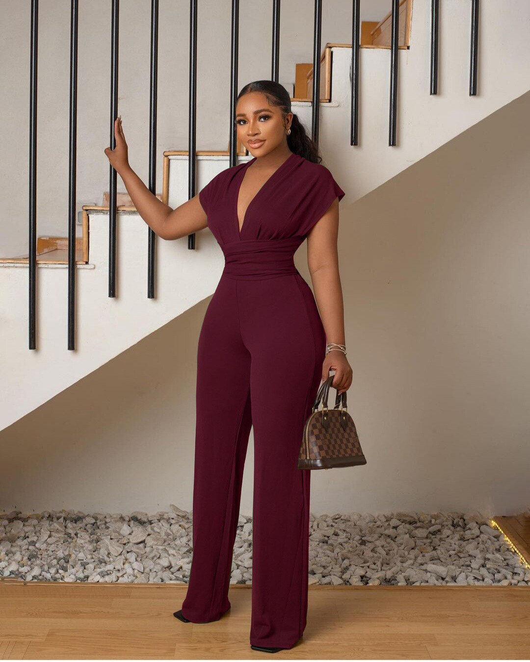Summer Long Wide Leg Jumpsuit Women Fashion Office Lady V-neck Short Sleeved High Waist Jumpsuit Women