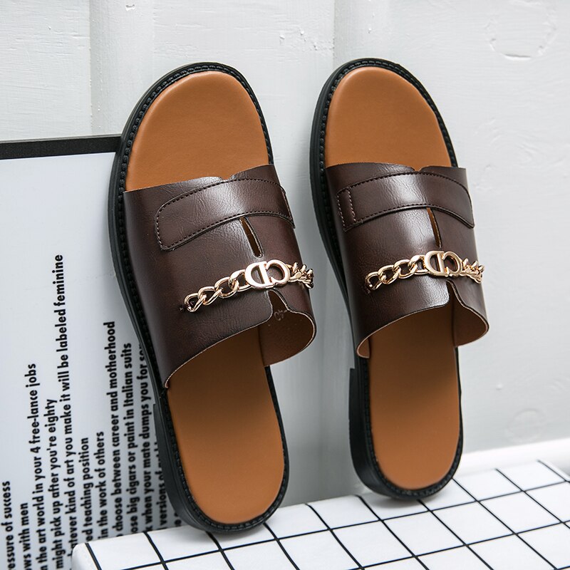 New Sandals Men Shoes PU Solid Color Fashion Casual Beach Pool Daily One Word Open Toe Metal Chain Comfortable Slippers CP169