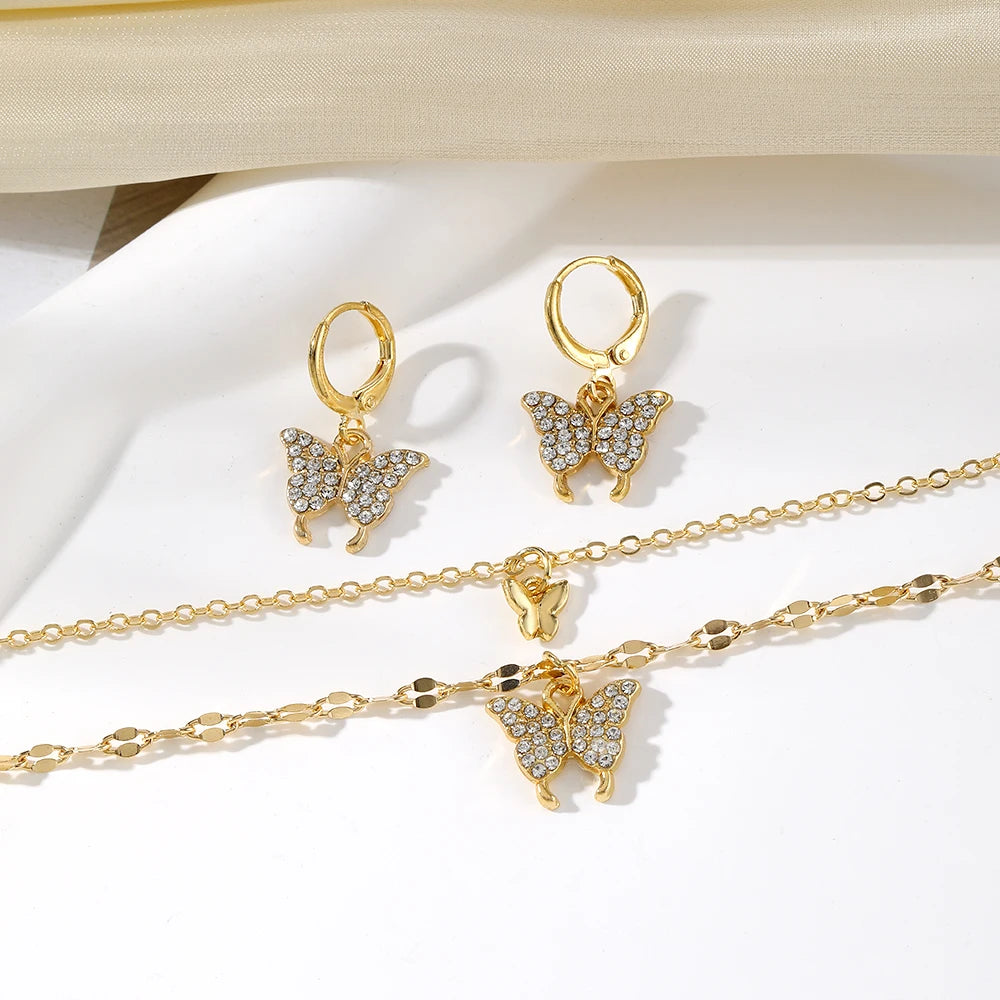 IPARAM Minimalist Crystal Butterfly Pendant Earrings Necklace Jewelry Set for Women Chains Fashion Jewelry Gifts