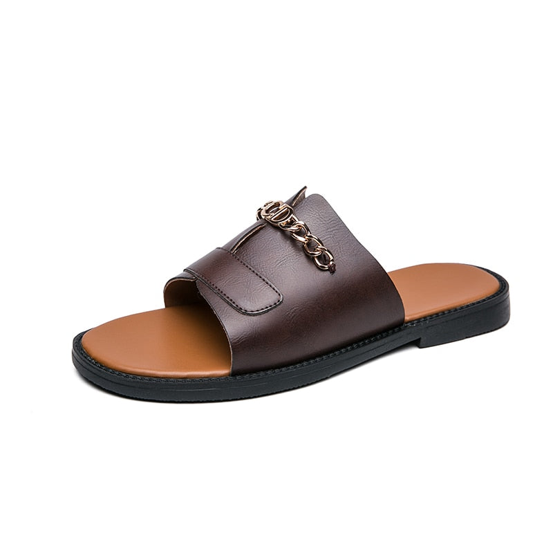 New Sandals Men Shoes PU Solid Color Fashion Casual Beach Pool Daily One Word Open Toe Metal Chain Comfortable Slippers CP169