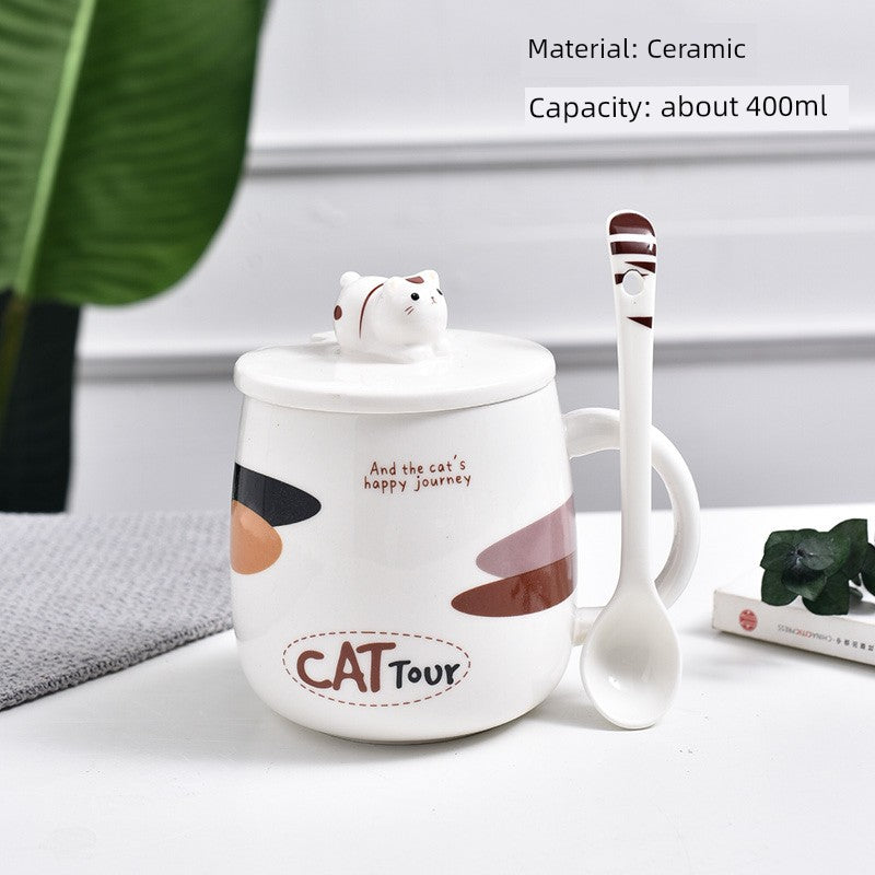 Cute Cat Mug Cartoon Porcelain Cup Couple Men and Women Water Cup Coffee Cup with Cover Spoon Breakfast Milk Cup