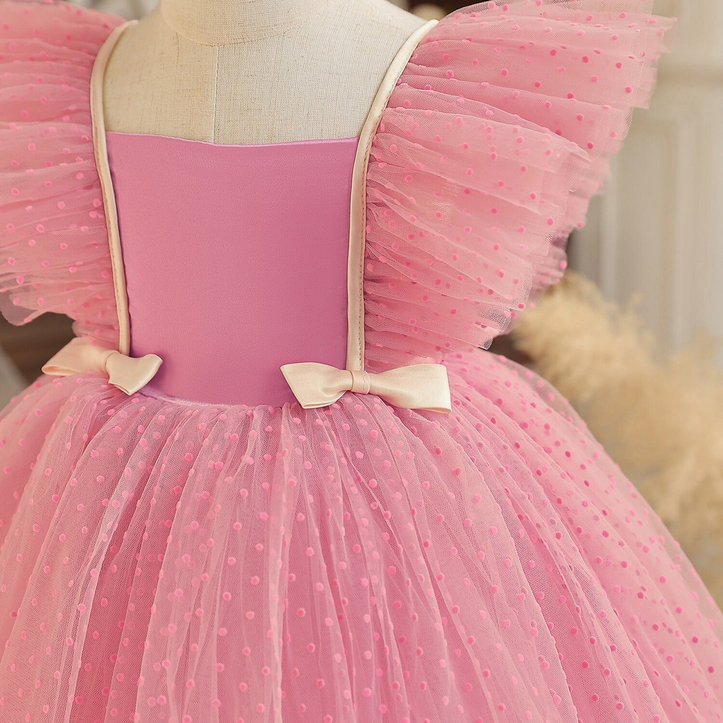 2023 Pink Elegant New Girl Princess Dresses For Kids Events Prom Costume Birthday Wedding Party Tulle Tutu Bow Girl Vestido 1-5T