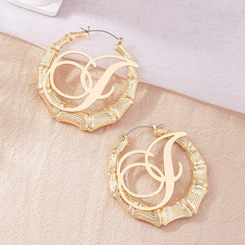 GSOLD Punk Rock A-Z Initial Bamboo Earrings For Women Party Hip-Hop Sexy Jewelry Letter Statement Large Circle Hoop Earring