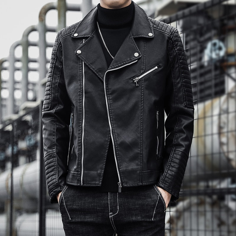Brand clothing Men Slim Fit Jacket Fashion Solid Color Motorcycle Winter Jackets Chaqueta Hombre Windproof Black Leather Coat